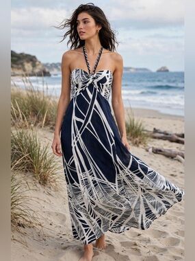 LOFT Navy Ivory Tropical Palm Print Strapless Maxi Dress Size 2